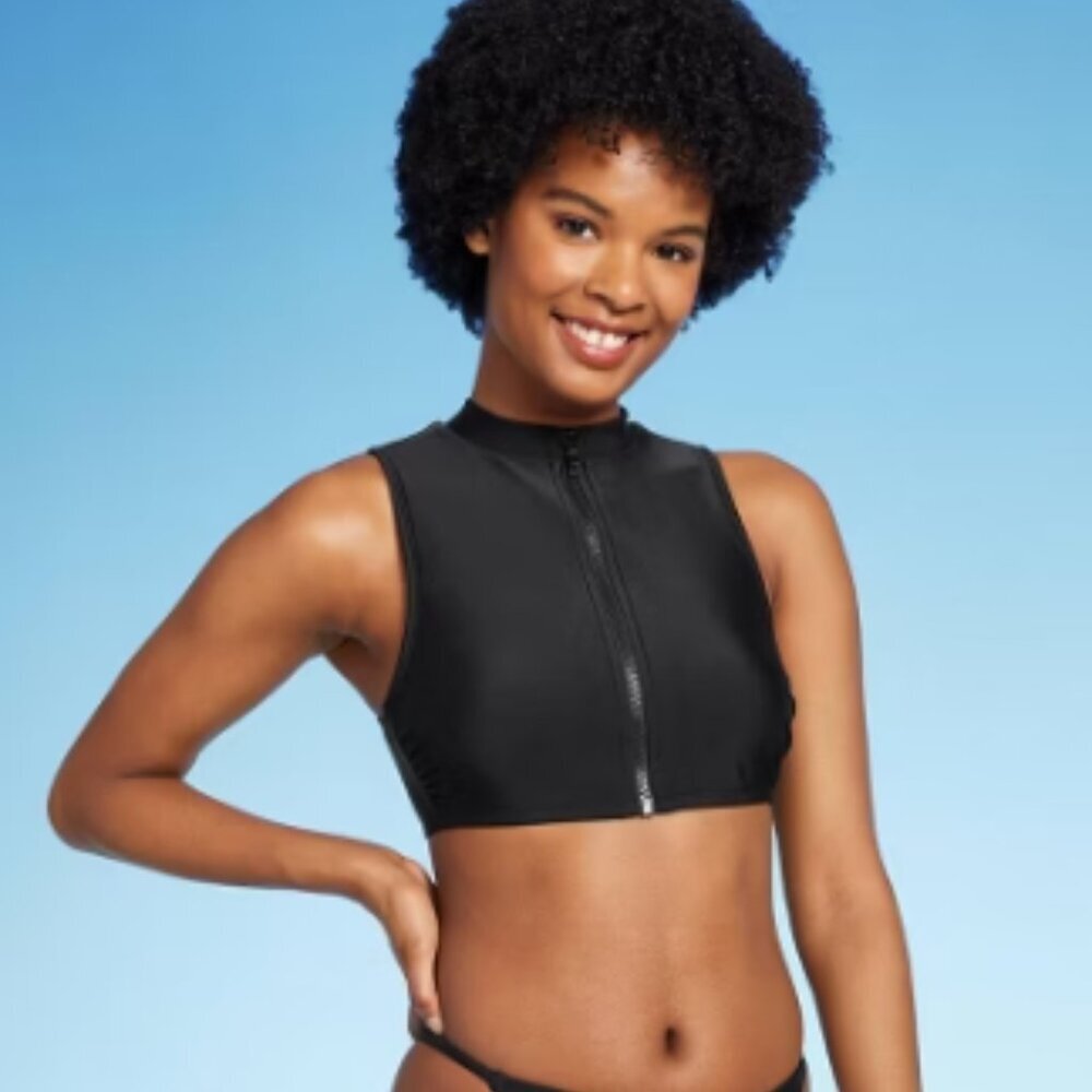 Women's Zip-front Mock Neck Bikini Top - Wild Fable‎ Black Med NWT